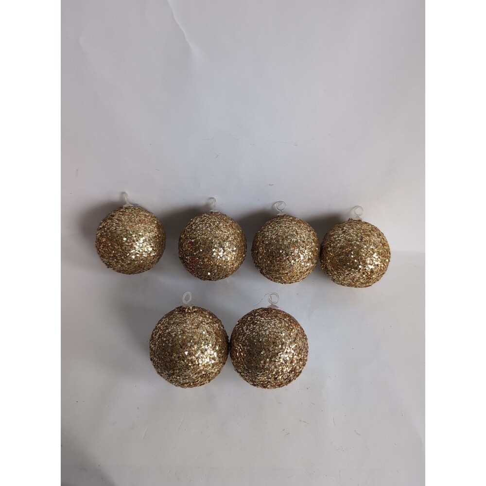 Vtg Christmas Ornaments Gold Balls Disco Glitter Set of 6 1960s MCM